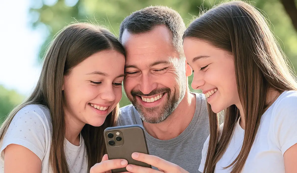 pappa med barn tittar på mobil